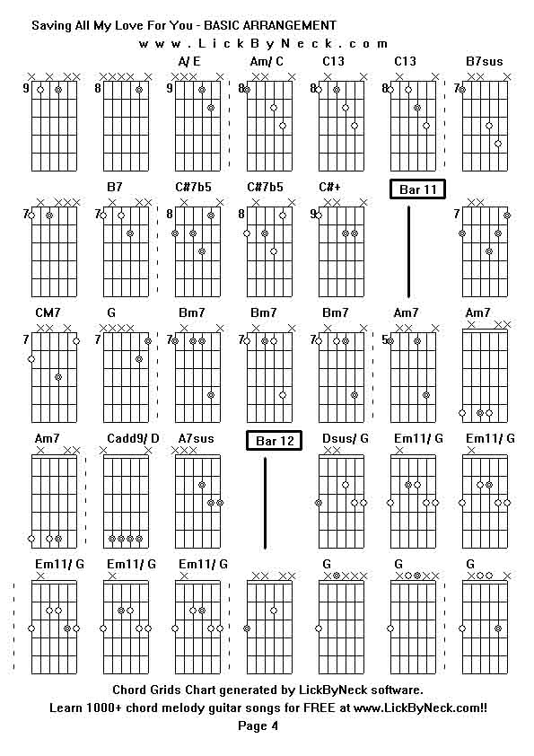 Chord Grids Chart of chord melody fingerstyle guitar song-Saving All My Love For You - BASIC ARRANGEMENT,generated by LickByNeck software.